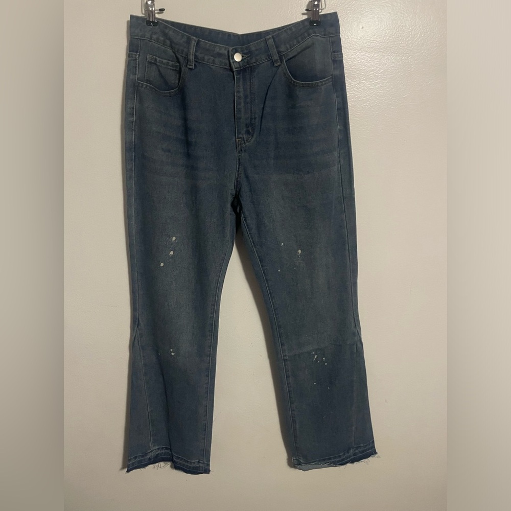 Blue Flared Paint Splatter Jeans